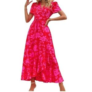Prettygarden Womens Floral Wrap Maxi Dress Red Pink V-Neck Ruffle High Low Large